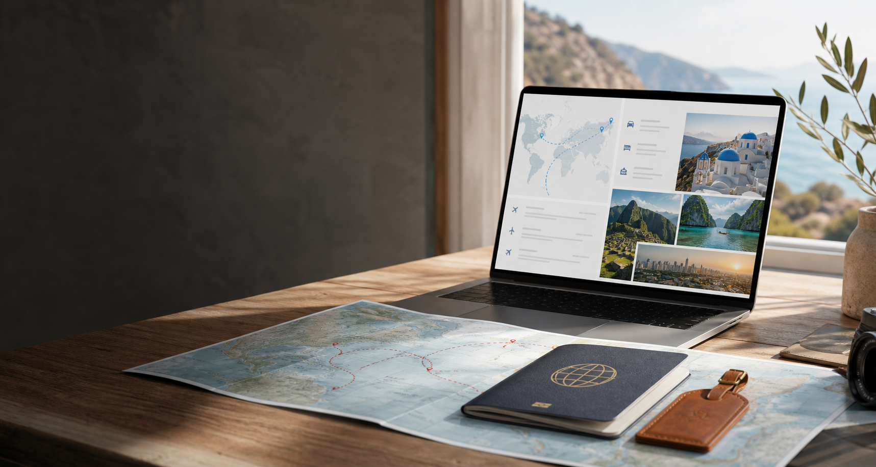 Travel planning desk with itinerary, map, passport, and trip materials